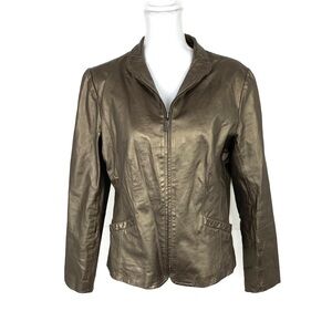 Bernardo Women L Genuine Leather Jacket Full Zip Metallic Bronze Moto Pockets